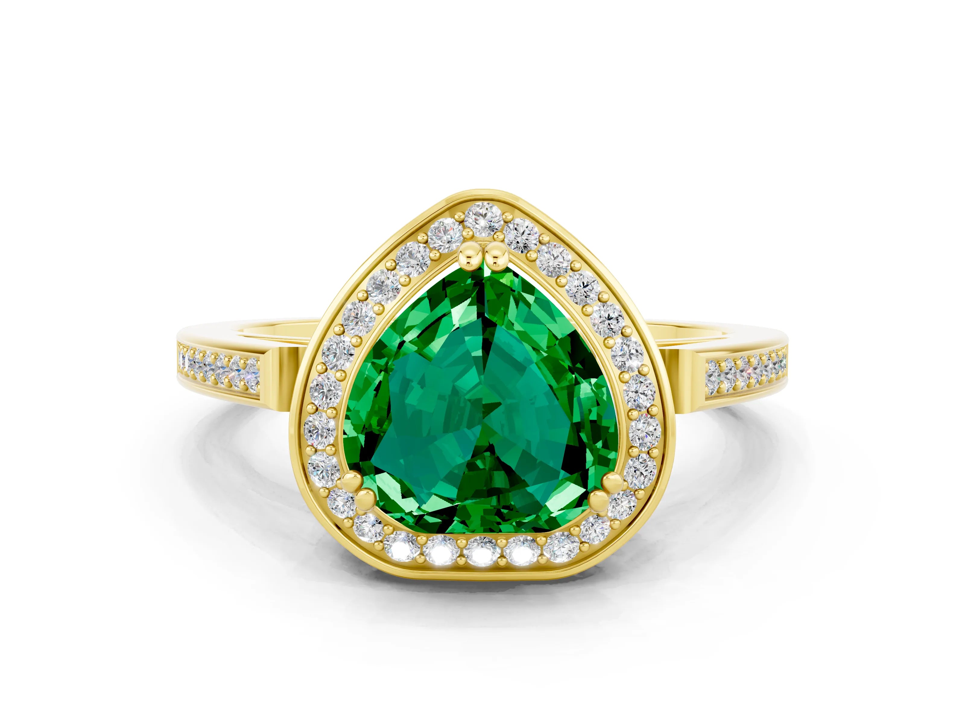 Yellow gold Heart Cut Emerald Halo Ring with Split Shank and Four-Prong Setting