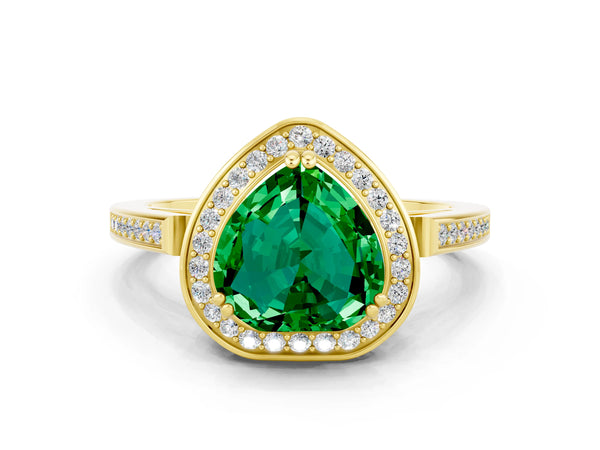 Yellow gold Heart Cut Emerald Halo Ring with Split Shank and Four-Prong Setting