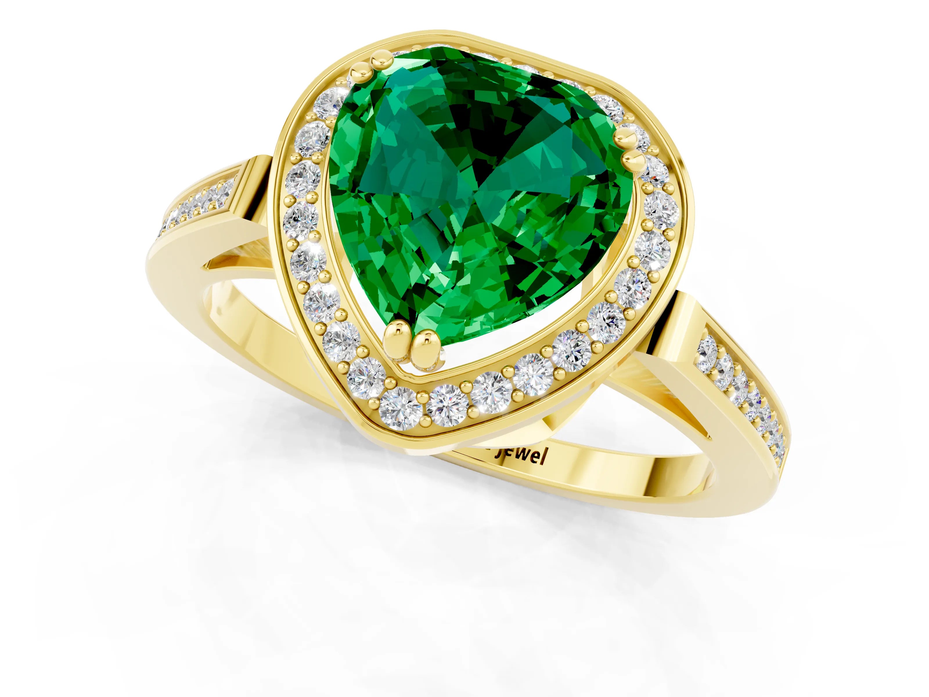 Yellow gold Heart Cut Emerald Halo Ring with Split Shank and Four-Prong Setting_1