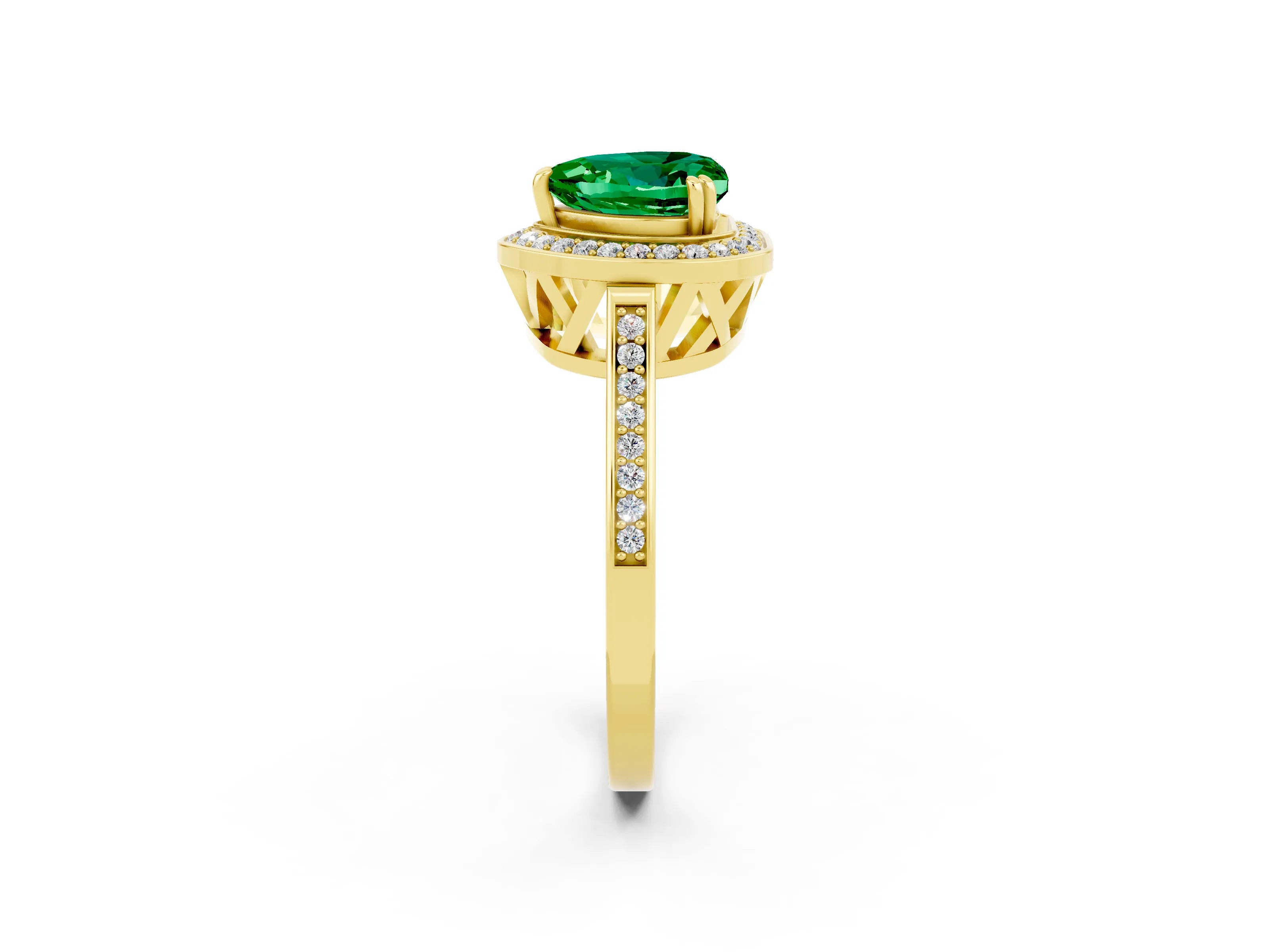 Yellow gold Heart Cut Emerald Halo Ring with Split Shank and Four-Prong Setting_2