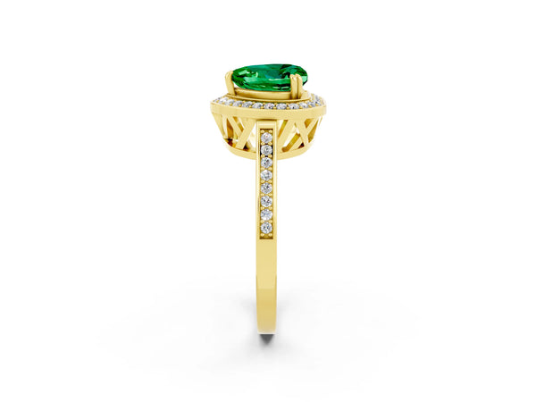 Yellow gold Heart Cut Emerald Halo Ring with Split Shank and Four-Prong Setting
