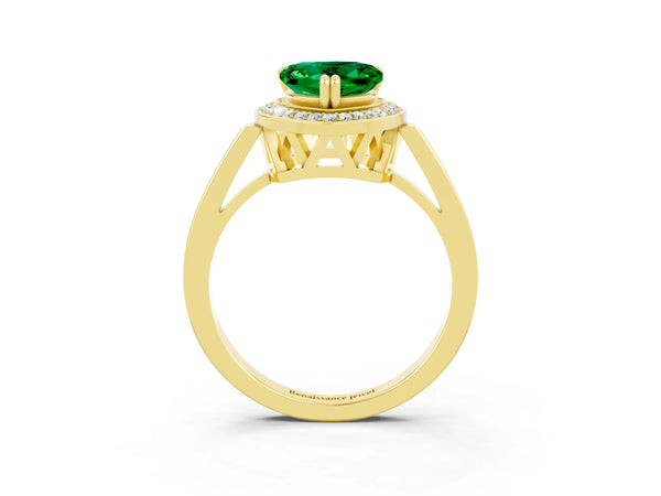Yellow gold Heart Cut Emerald Halo Ring with Split Shank and Four-Prong Setting