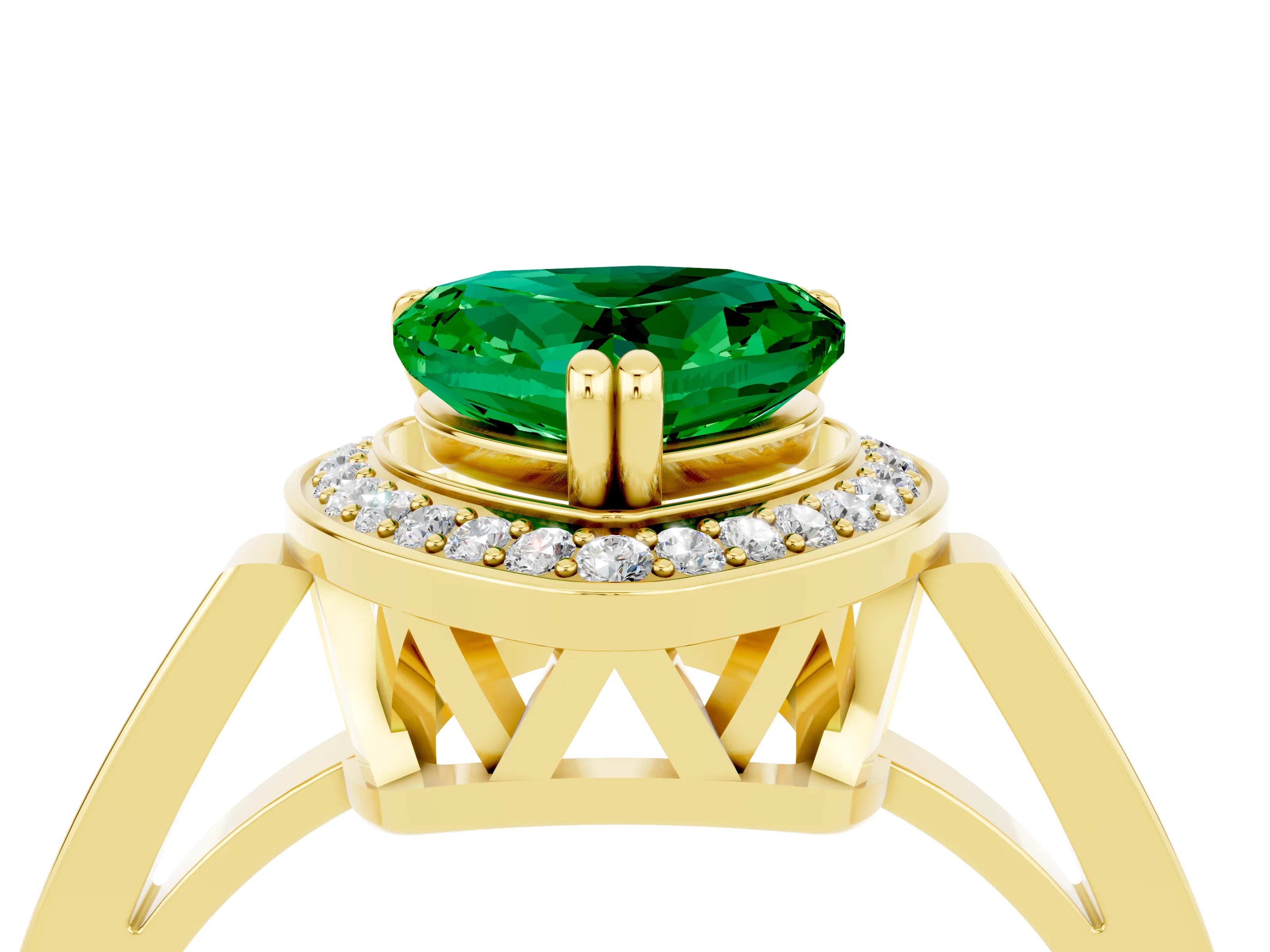 Yellow gold Heart Cut Emerald Halo Ring with Split Shank and Four-Prong Setting_4
