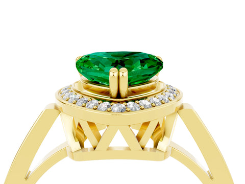Yellow gold Heart Cut Emerald Halo Ring with Split Shank and Four-Prong Setting_4