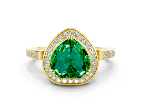 Yellow gold Heart Cut Emerald Halo Ring with Split Shank and Four-Prong Setting