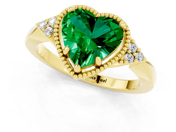 Yellow gold Heart Cut Emerald Halo Ring with Tapered Band and Four-Prong Setting