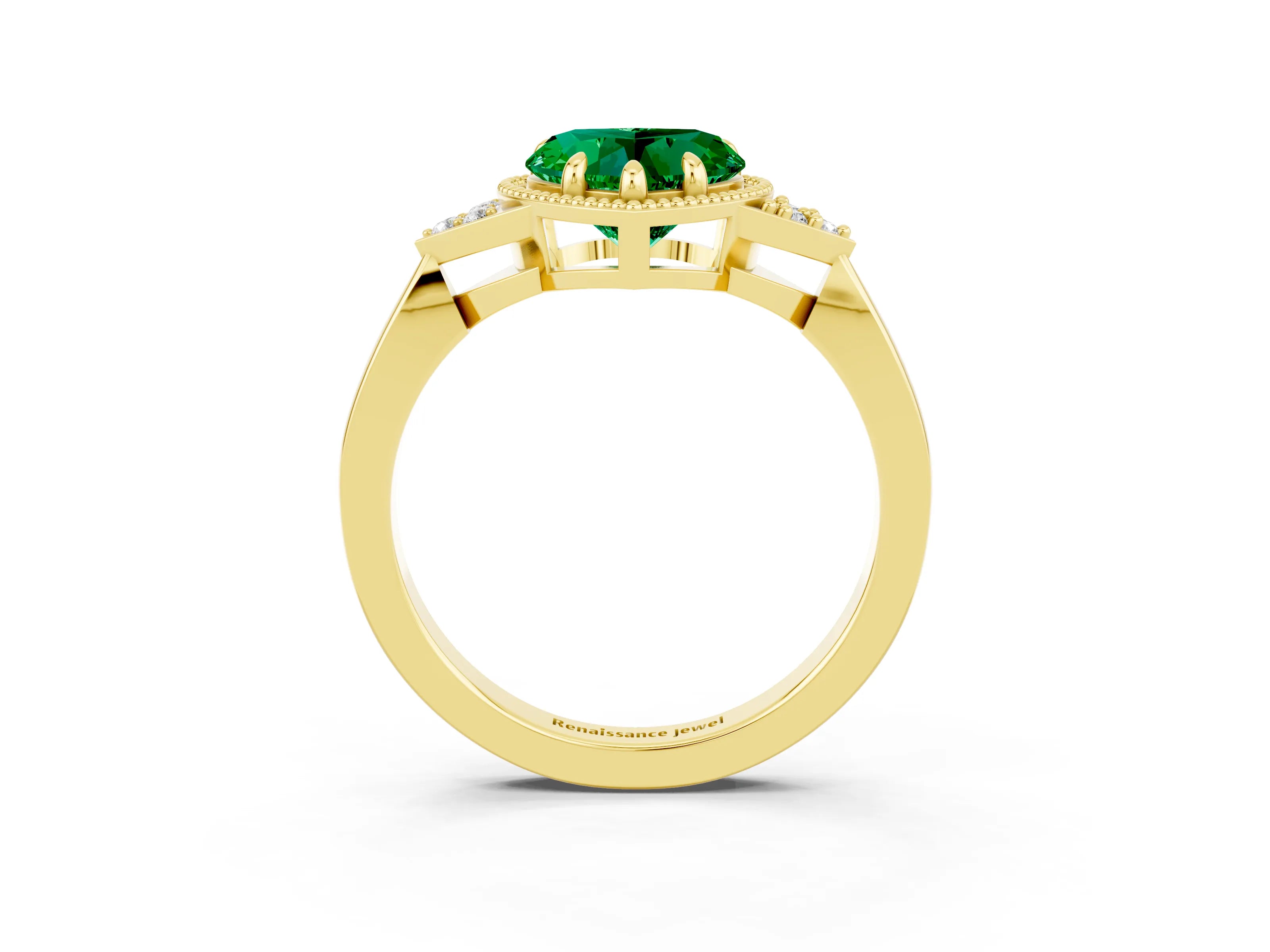 Yellow gold Heart Cut Emerald Halo Ring with Tapered Band and Four-Prong Setting_3
