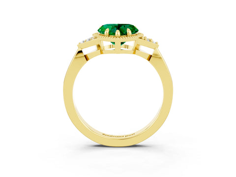 Yellow gold Heart Cut Emerald Halo Ring with Tapered Band and Four-Prong Setting_3