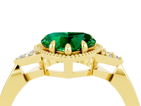 Yellow gold Heart Cut Emerald Halo Ring with Tapered Band and Four-Prong Setting_4