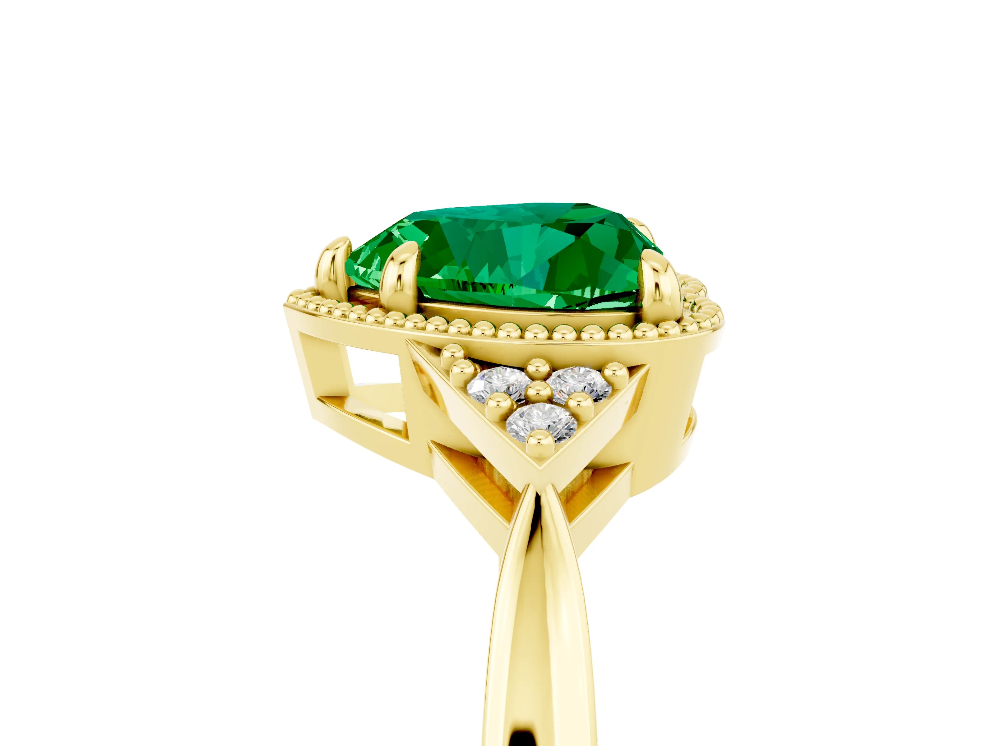 Yellow gold Heart Cut Emerald Halo Ring with Tapered Band and Four-Prong Setting_5