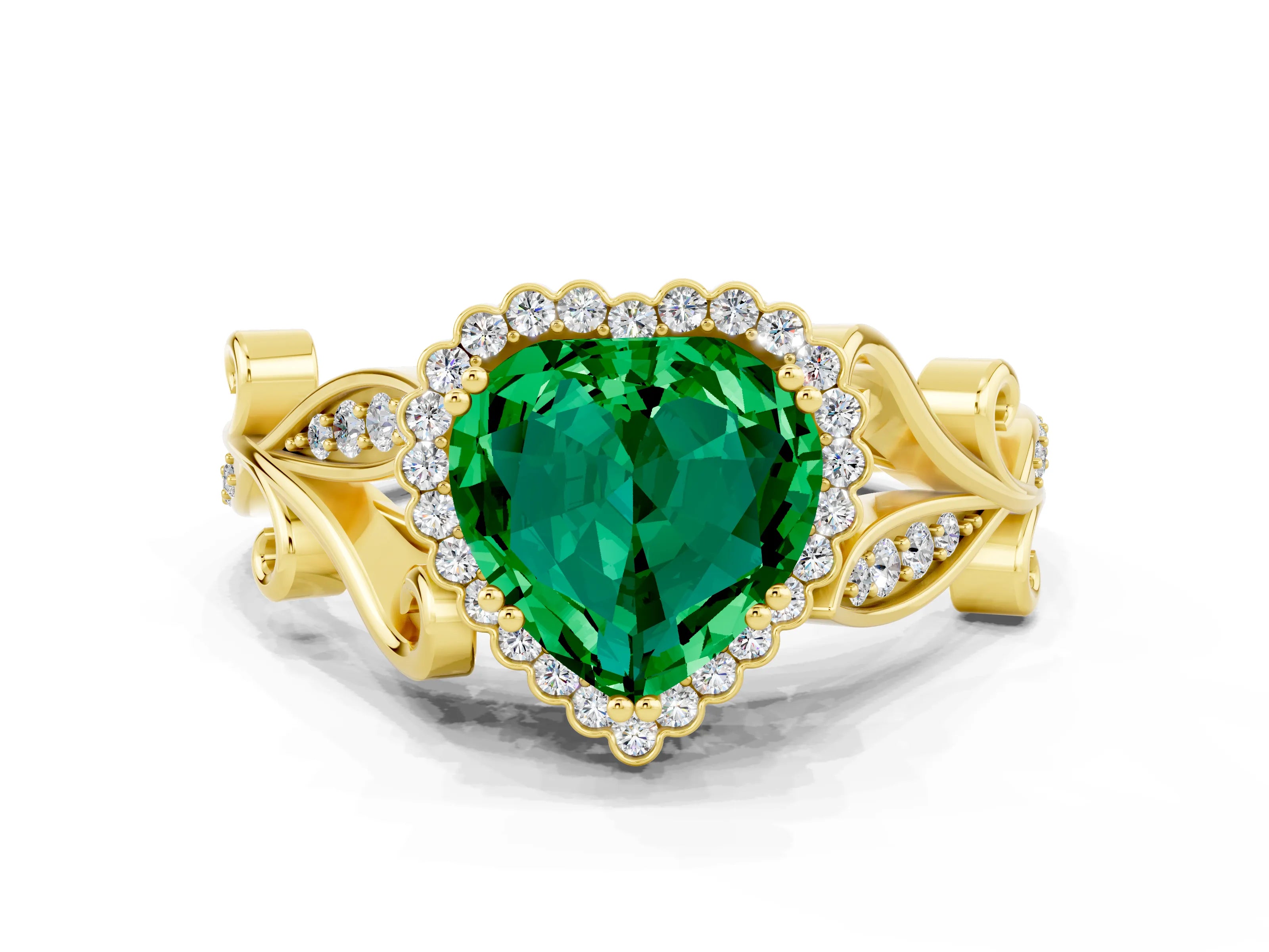 Yellow gold Heart Cut Emerald Halo Ring with Vintage Split Shank and Four-Prong Setting