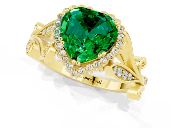 Yellow gold Heart Cut Emerald Halo Ring with Vintage Split Shank and Four-Prong Setting