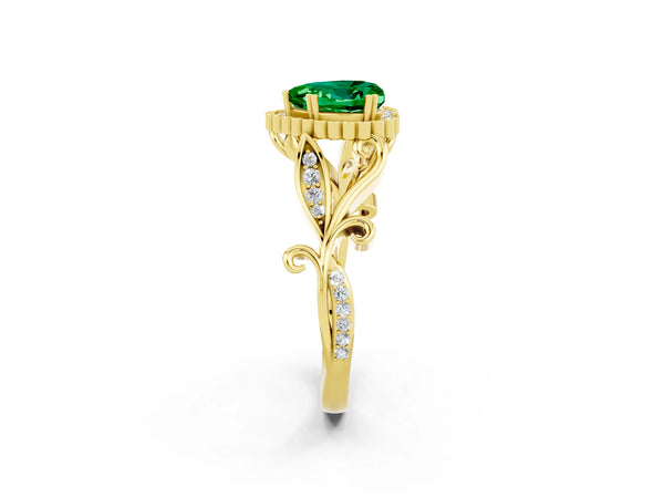 Yellow gold Heart Cut Emerald Halo Ring with Vintage Split Shank and Four-Prong Setting