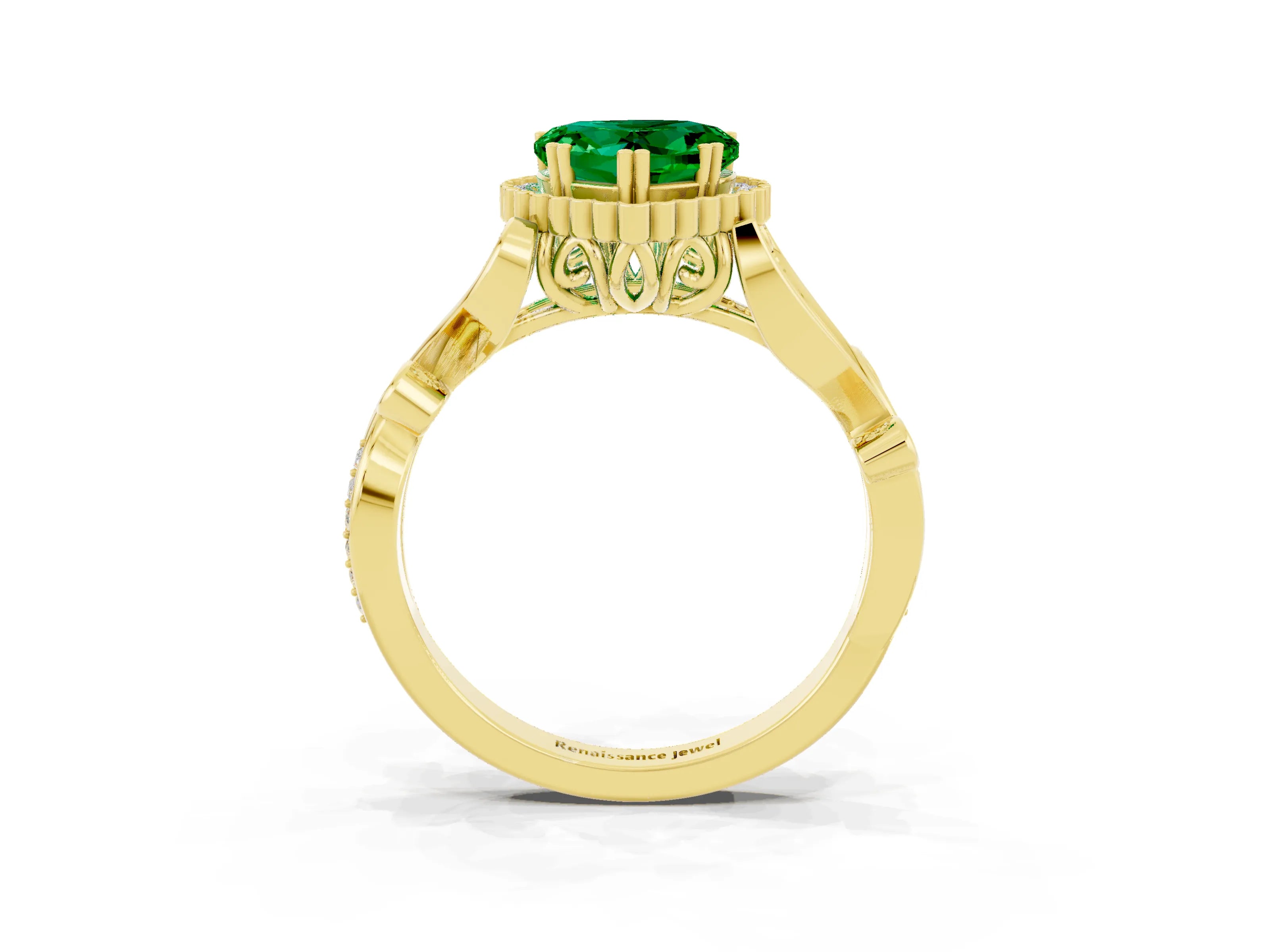 Yellow gold Heart Cut Emerald Halo Ring with Vintage Split Shank and Four-Prong Setting_3