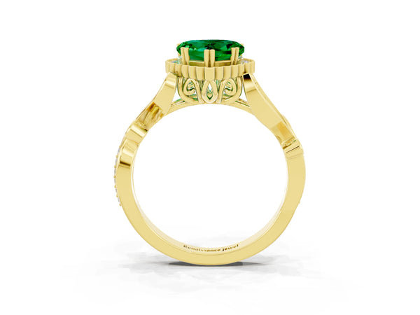 Yellow gold Heart Cut Emerald Halo Ring with Vintage Split Shank and Four-Prong Setting