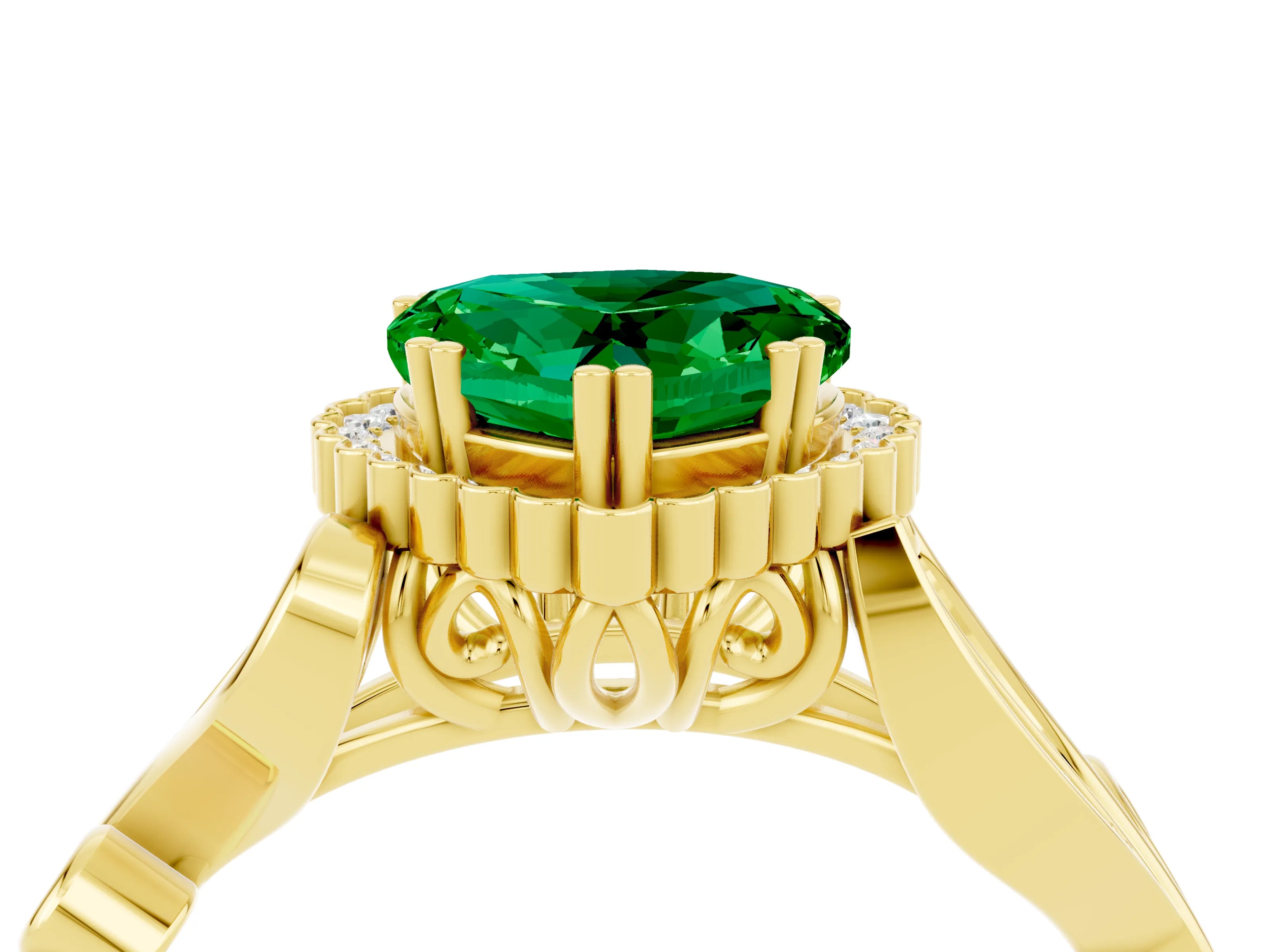 Yellow gold Heart Cut Emerald Halo Ring with Vintage Split Shank and Four-Prong Setting_4