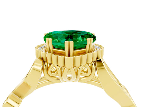 Yellow gold Heart Cut Emerald Halo Ring with Vintage Split Shank and Four-Prong Setting_4
