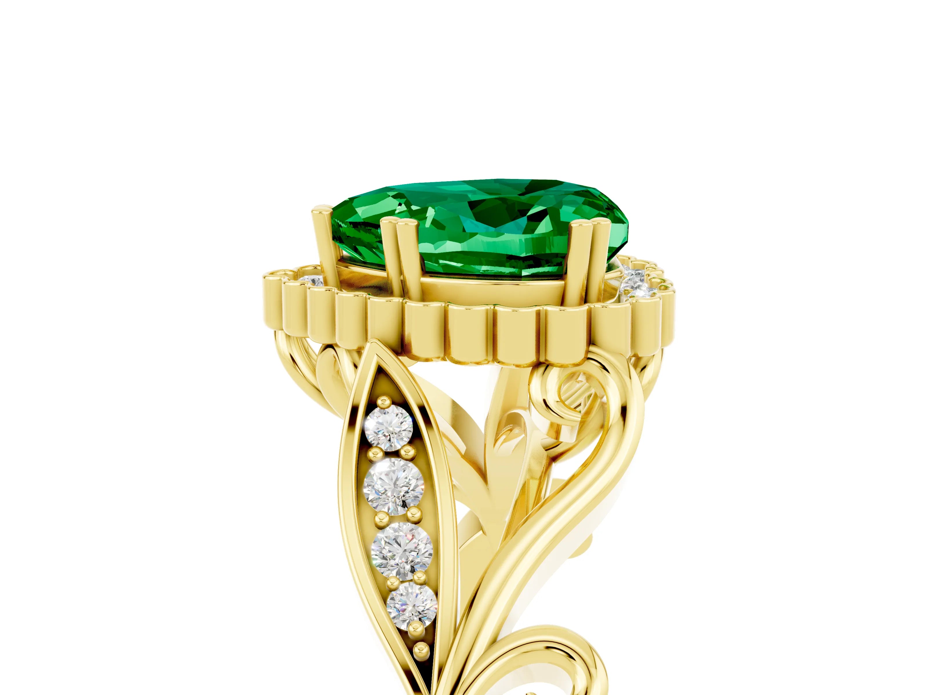 Yellow gold Heart Cut Emerald Halo Ring with Vintage Split Shank and Four-Prong Setting_5