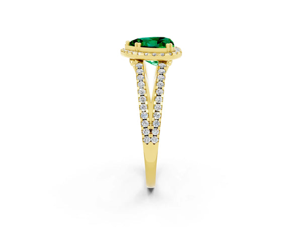 Yellow gold Heart Cut Emerald Halo Split Shank Engagement Ring