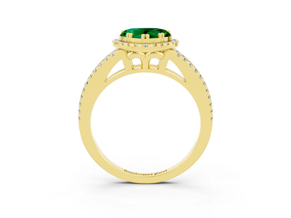 Yellow gold Heart Cut Emerald Halo Split Shank Engagement Ring