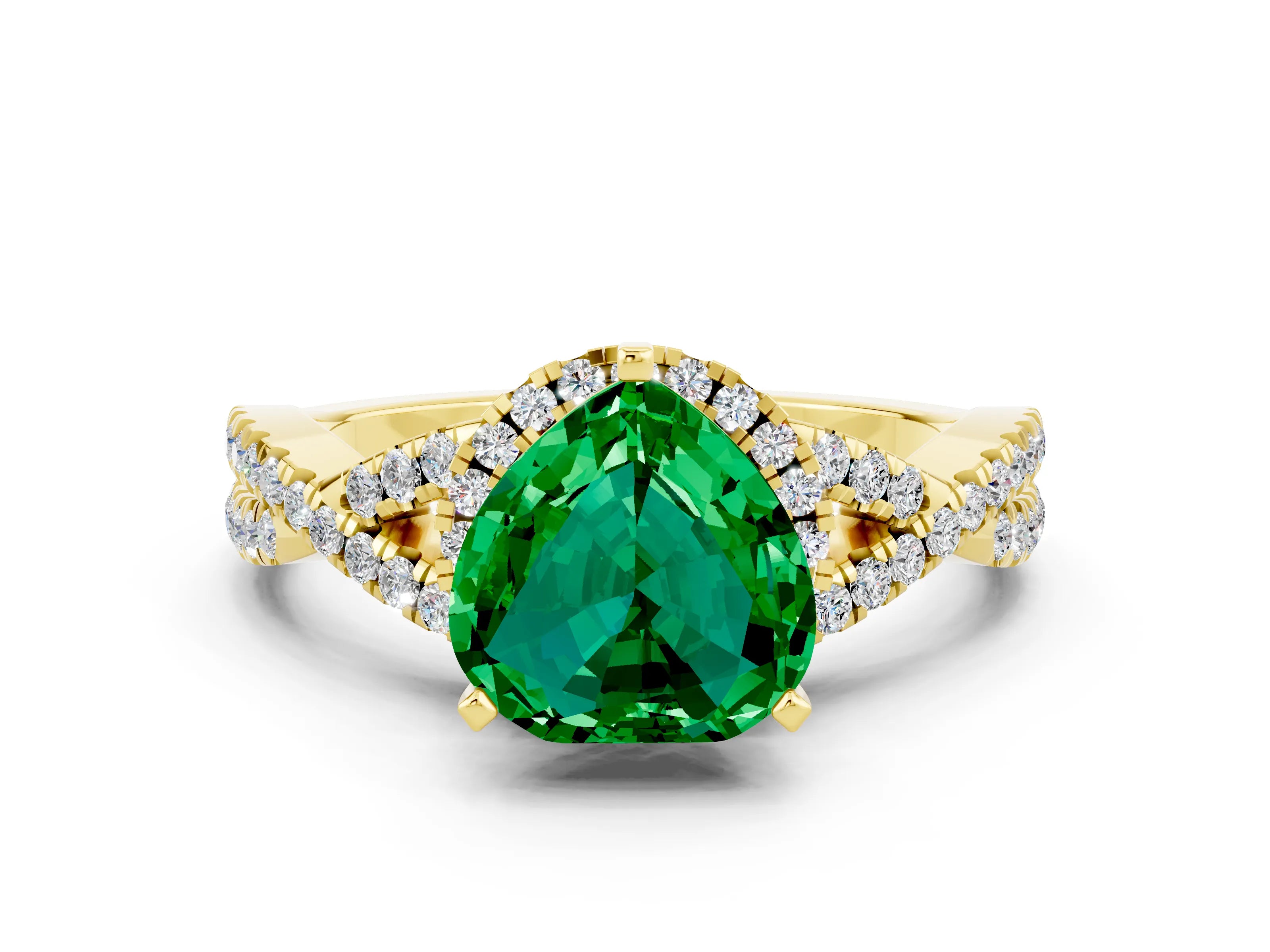 Yellow gold Heart Cut Emerald Halo Twist Band Solitaire Prong Setting Ring