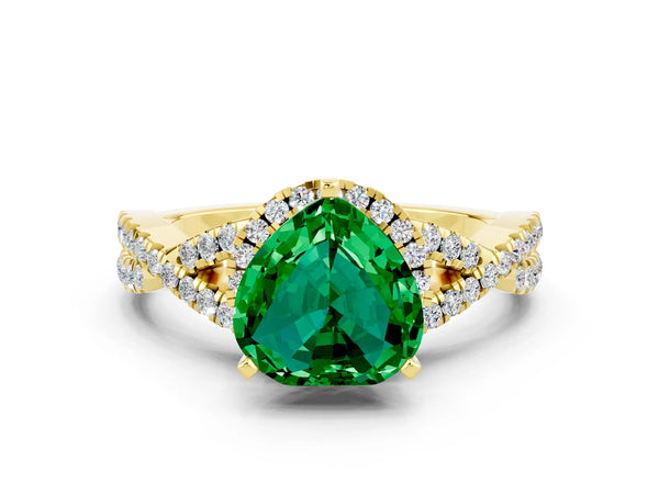 Yellow gold Heart Cut Emerald  Halo Twist Band Solitaire Prong Setting Ring