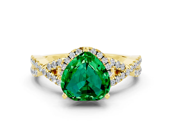 Yellow gold Heart Cut Emerald  Halo Twist Band Solitaire Prong Setting Ring