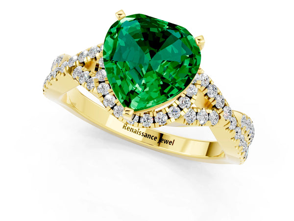 Yellow gold Heart Cut Emerald  Halo Twist Band Solitaire Prong Setting Ring