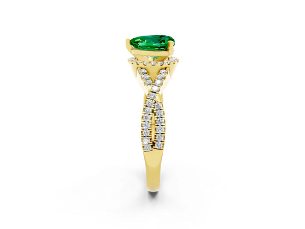 Yellow gold Heart Cut Emerald  Halo Twist Band Solitaire Prong Setting Ring