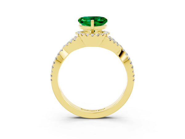 Yellow gold Heart Cut Emerald  Halo Twist Band Solitaire Prong Setting Ring