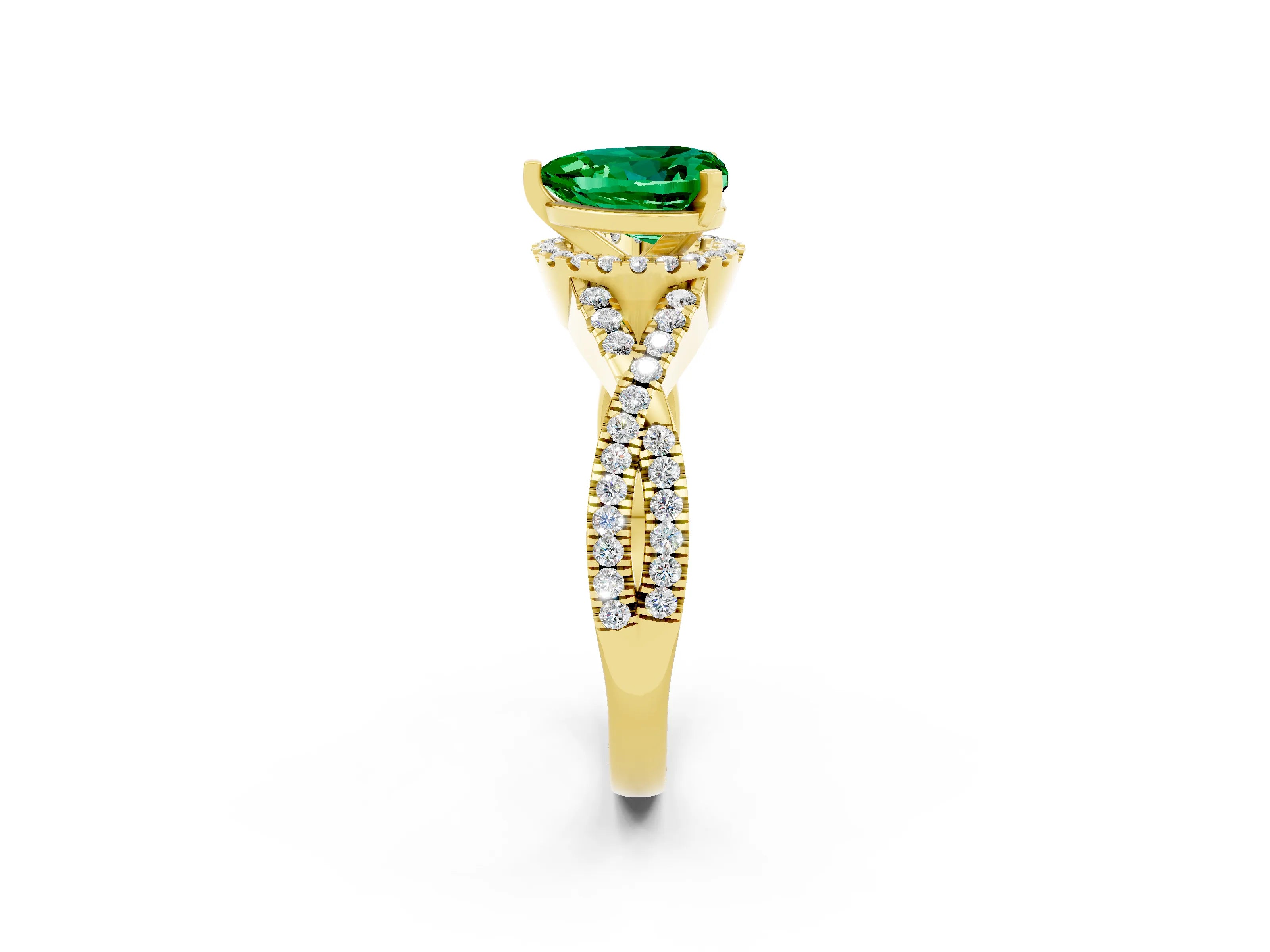 Yellow gold Heart Cut Emerald Halo Twist Band Solitaire Prong Setting Ring_2