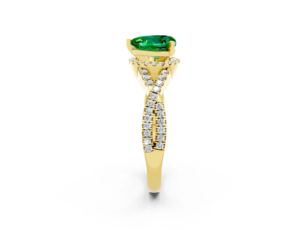 Yellow gold Heart Cut Emerald  Halo Twist Band Solitaire Prong Setting Ring
