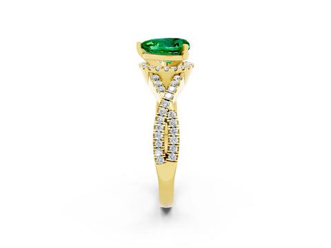 Yellow gold Heart Cut Emerald Halo Twist Band Solitaire Prong Setting Ring_2
