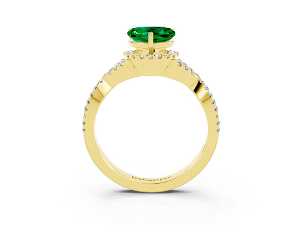 Yellow gold Heart Cut Emerald  Halo Twist Band Solitaire Prong Setting Ring