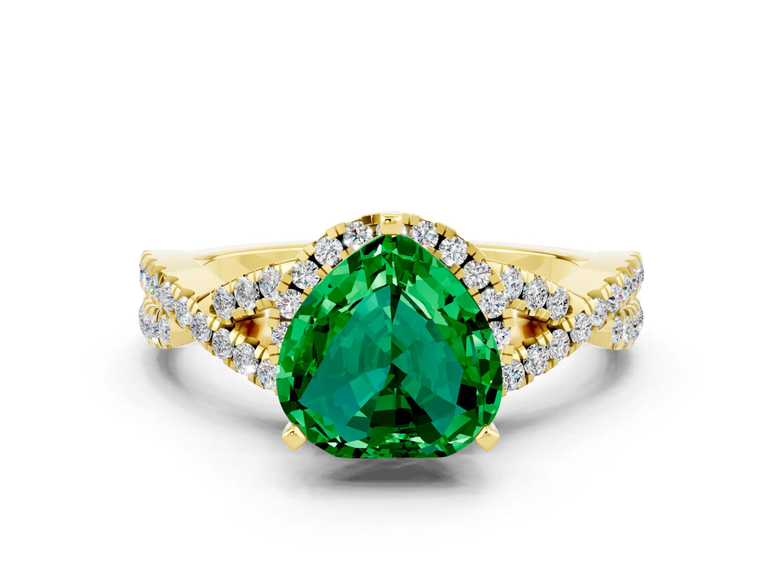 Yellow gold Heart Cut Emerald  Halo Twist Band Solitaire Prong Setting Ring_36