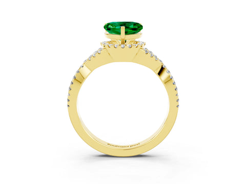 Yellow gold Heart Cut Emerald Halo Twist Band Solitaire Prong Setting Ring_3