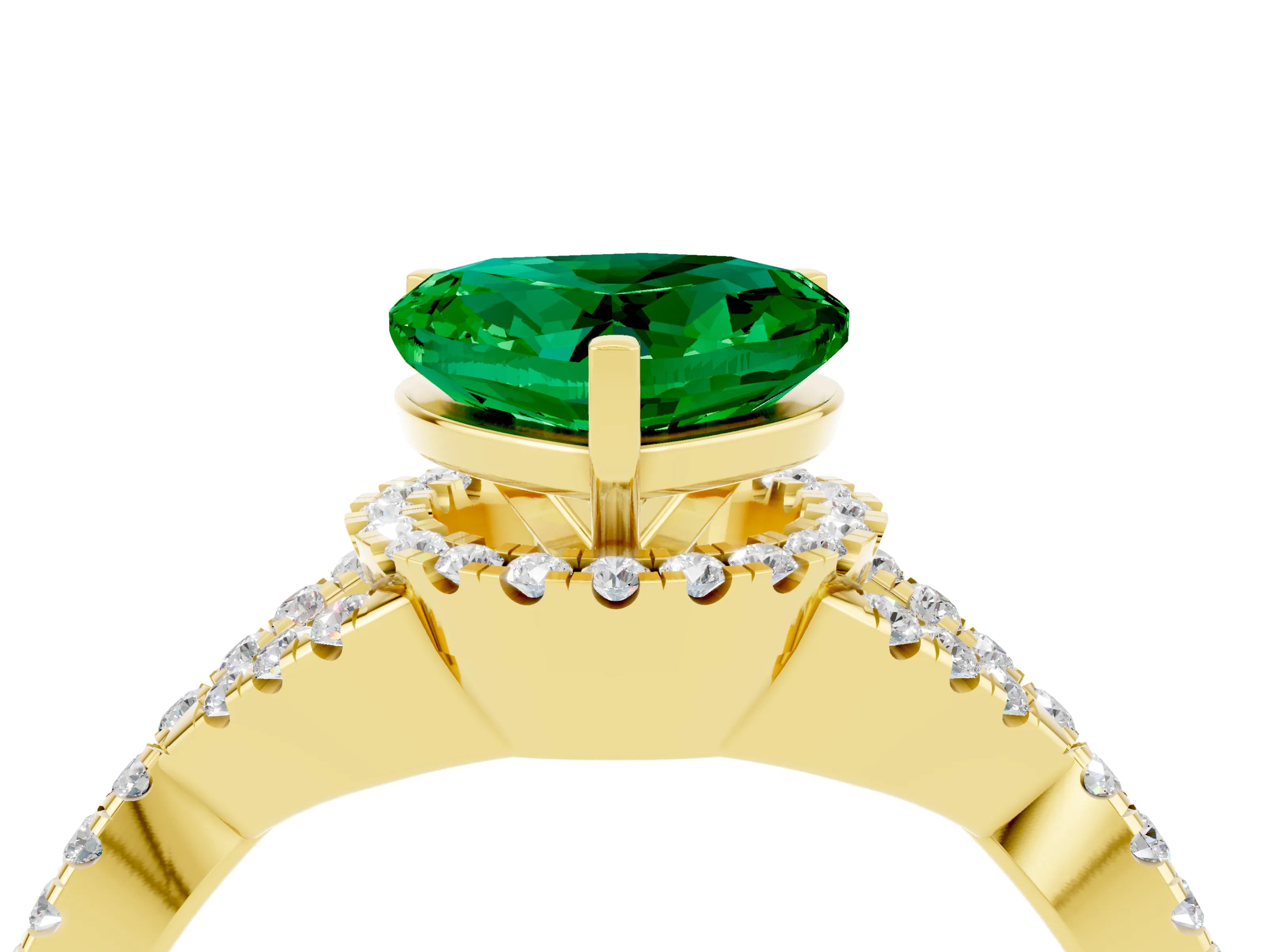 Yellow gold Heart Cut Emerald Halo Twist Band Solitaire Prong Setting Ring_4