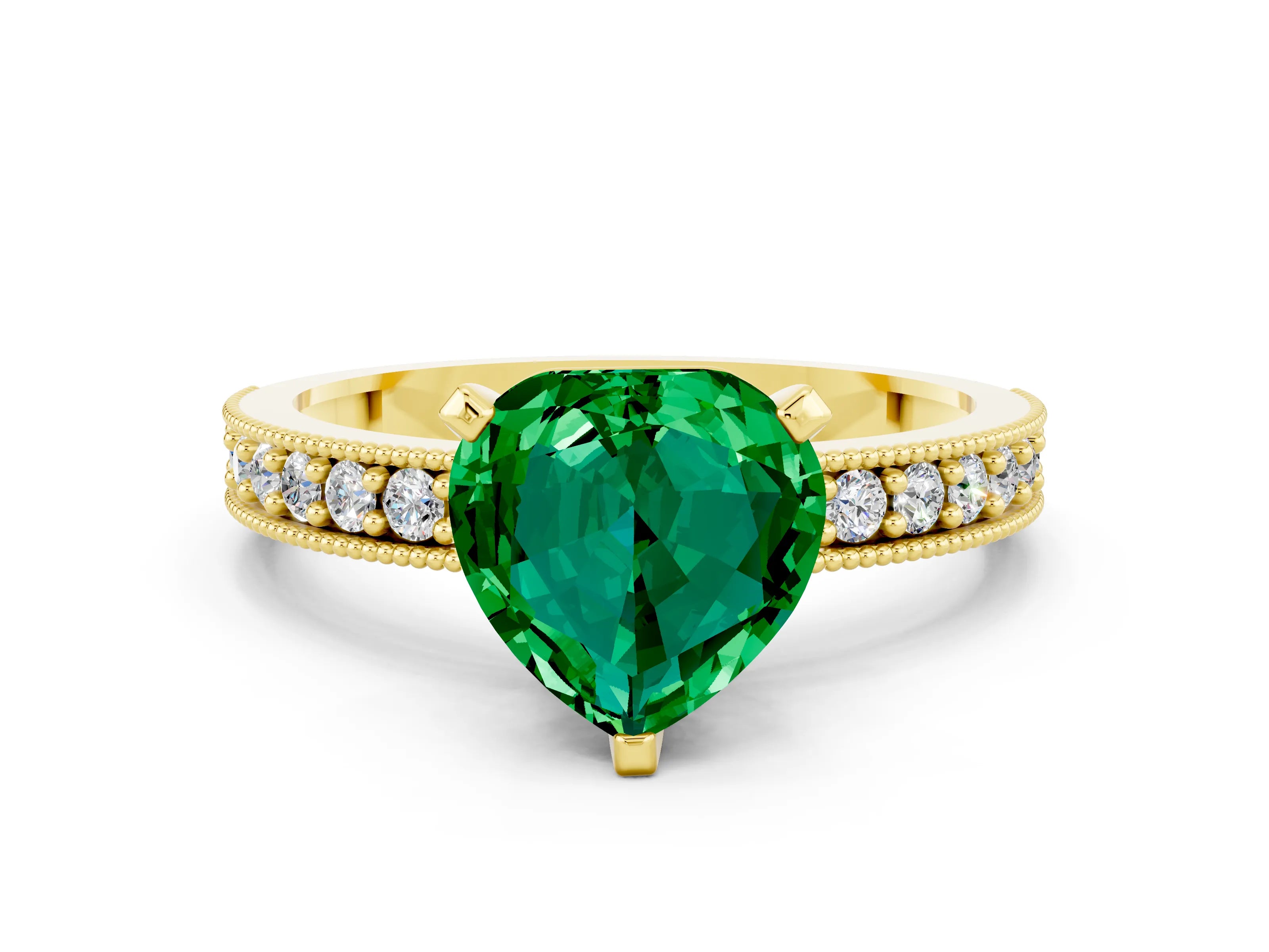 Yellow gold Heart Cut Emerald Milgrain Pavé Engagement Ring with Four-Prong Setting_12