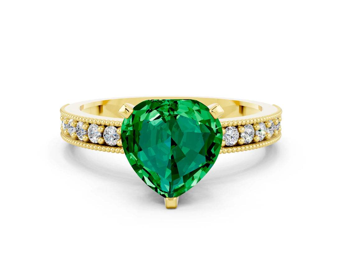 Yellow gold Heart Cut Emerald Milgrain Pavé Engagement Ring with Four-Prong Setting_12