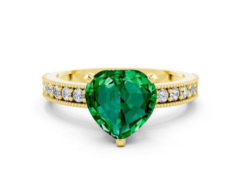 Yellow gold Heart Cut Emerald Milgrain Pavé Engagement Ring with Four-Prong Setting_12