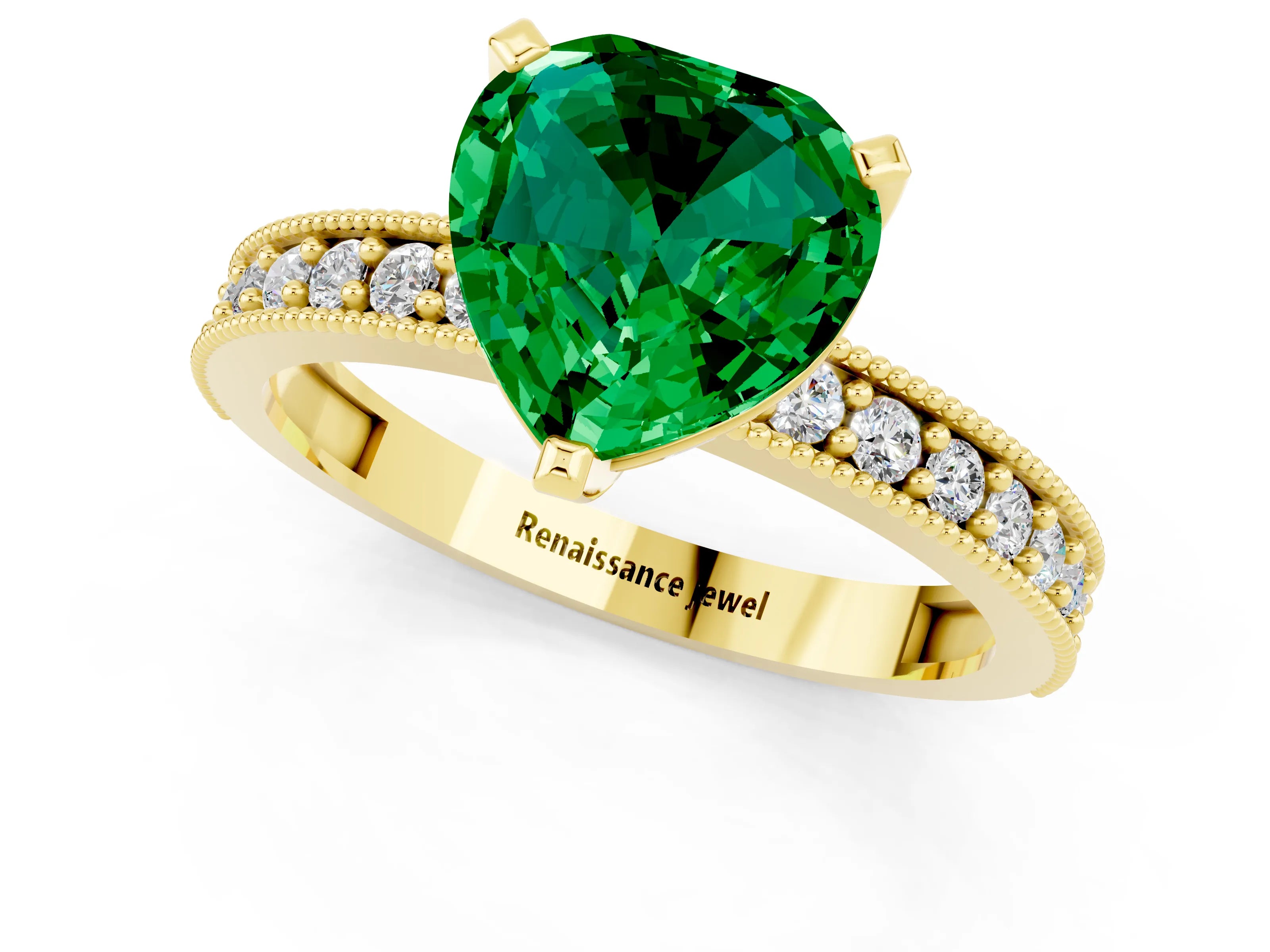 Yellow gold Heart Cut Emerald Milgrain Pavé Engagement Ring with Four-Prong Setting_13