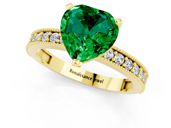 Yellow gold Heart Cut Emerald Milgrain Pavé Engagement Ring with Four-Prong Setting