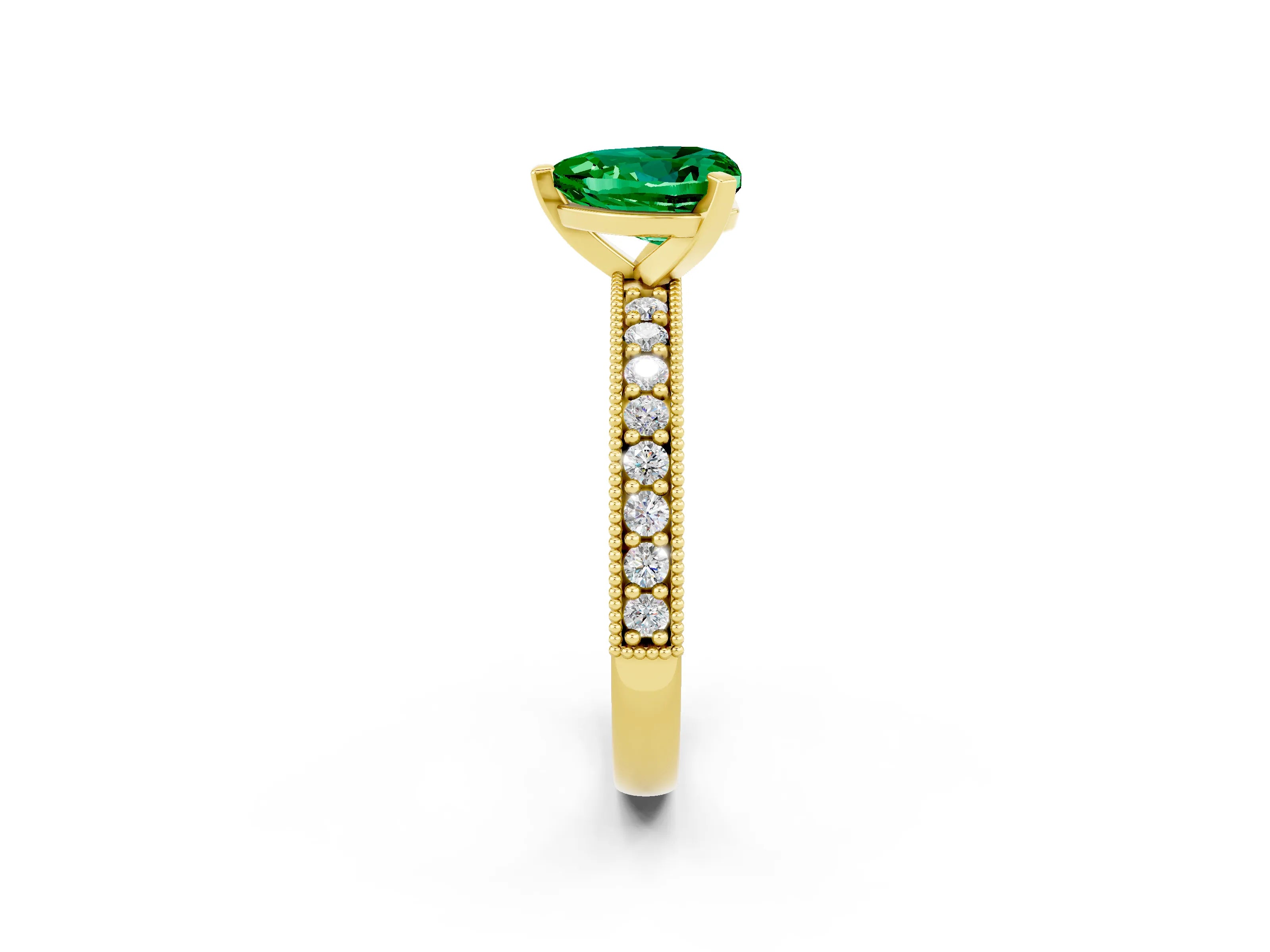 Yellow gold Heart Cut Emerald Milgrain Pavé Engagement Ring with Four-Prong Setting_14