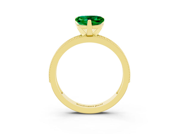 Yellow gold Heart Cut Emerald Milgrain Pavé Engagement Ring with Four-Prong Setting