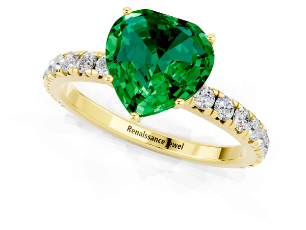 Yellow gold Heart Cut Emerald Pavé Solitaire Engagement Ring with Four-Prong Setting