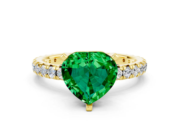 Yellow gold Heart Cut Emerald Pavé Solitaire Ring with Round Band and Prong Setting