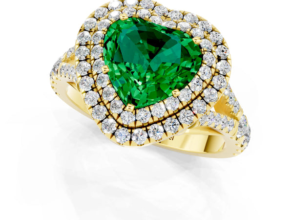 Yellow gold Heart Cut Emerald Pavé Split Shank Double Halo Engagement Ring
