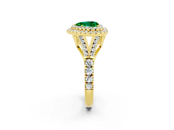Yellow gold Heart Cut Emerald Pavé Split Shank Double Halo Engagement Ring