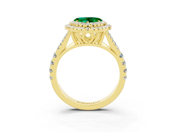 Yellow gold Heart Cut Emerald Pavé Split Shank Double Halo Engagement Ring