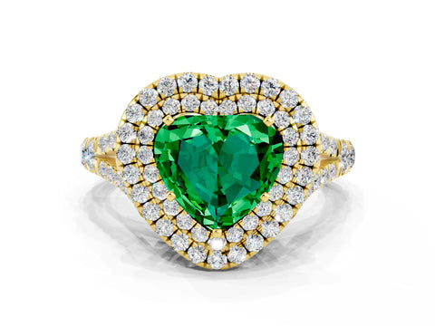 Yellow gold Heart Cut Emerald Pavé Split Shank Double Halo Engagement Ring